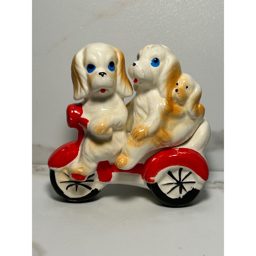 Vintage Ceramic Puppy Dogs on Red Tricycle Salt and Pepper Shaker Set MCM